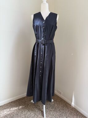 Chaus Navy and White Polka Dot Button-Front Maxi Dress